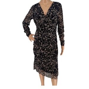 Elana Kattan Black Lace Pattern Ruched Midi Dress Long Sleeve V-Neck Sz L New